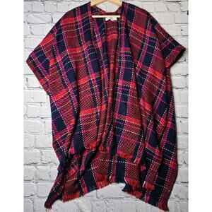 Loft Red Blue Pink Plaid Open Shawl Poncho Wrap Fringe Hem Fall Winter Size M/L